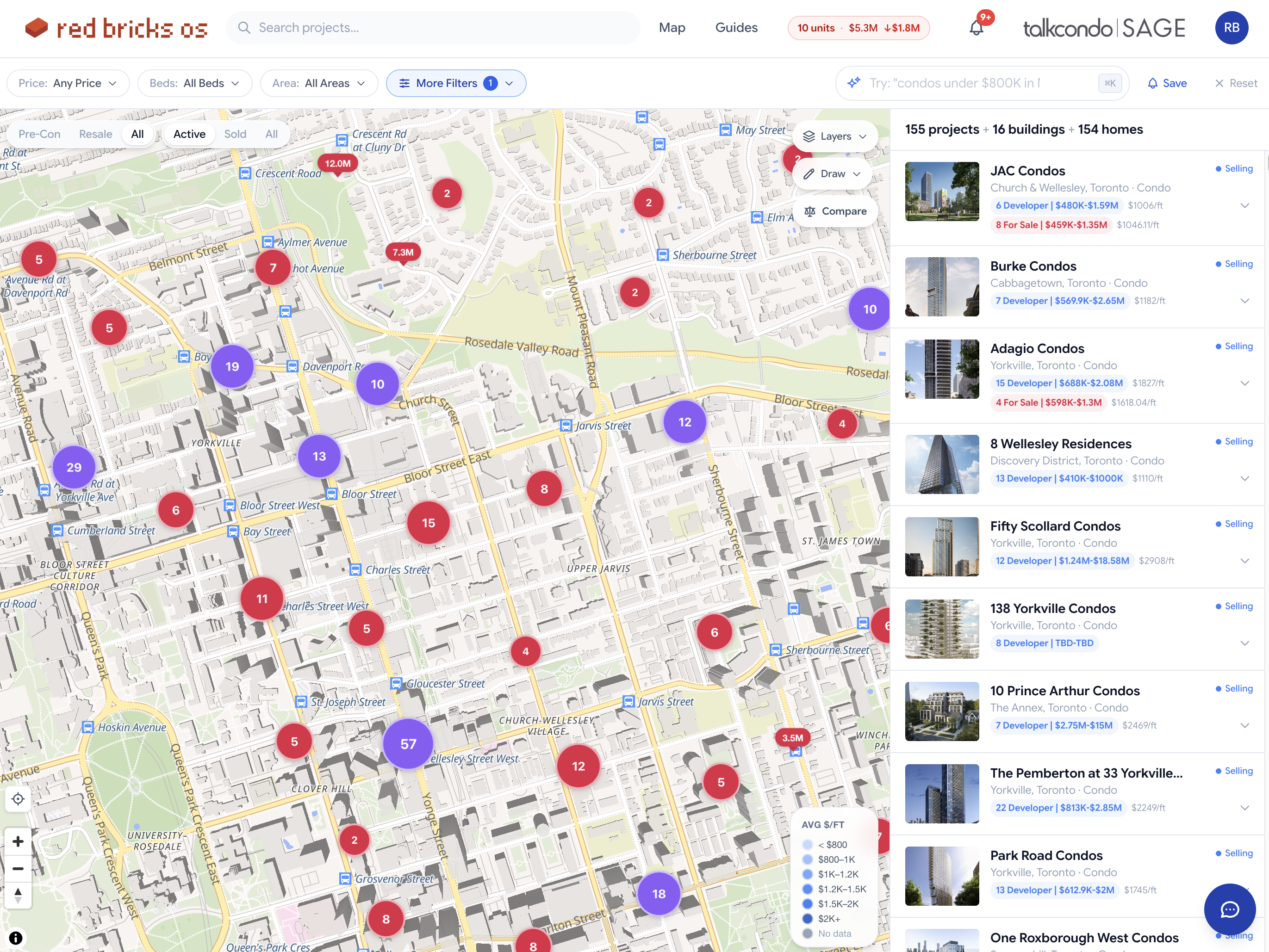 Red Bricks OS — a branded pre-construction and resale map experience running in production