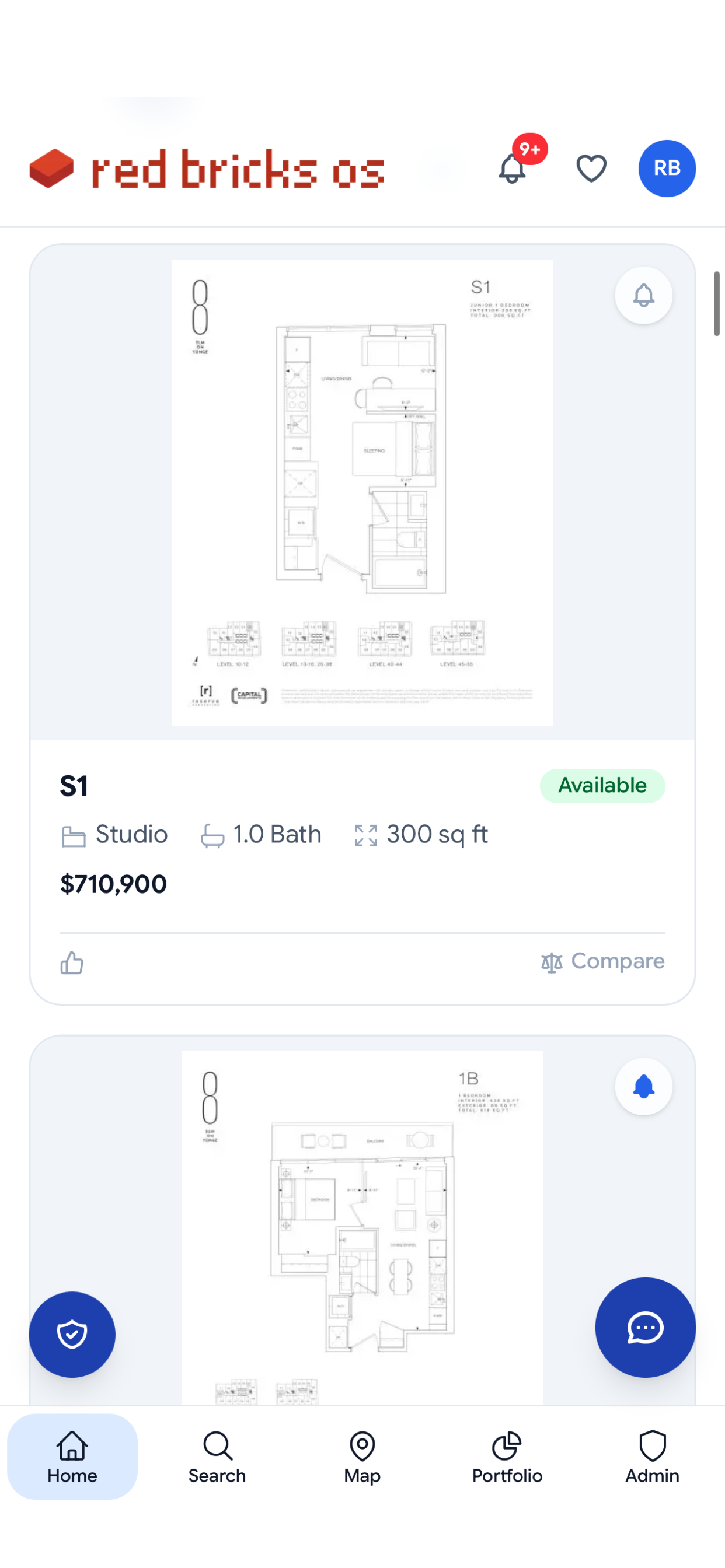 rbOS floor plans view — S1 plan, Studio, 300 sqft, $710,900