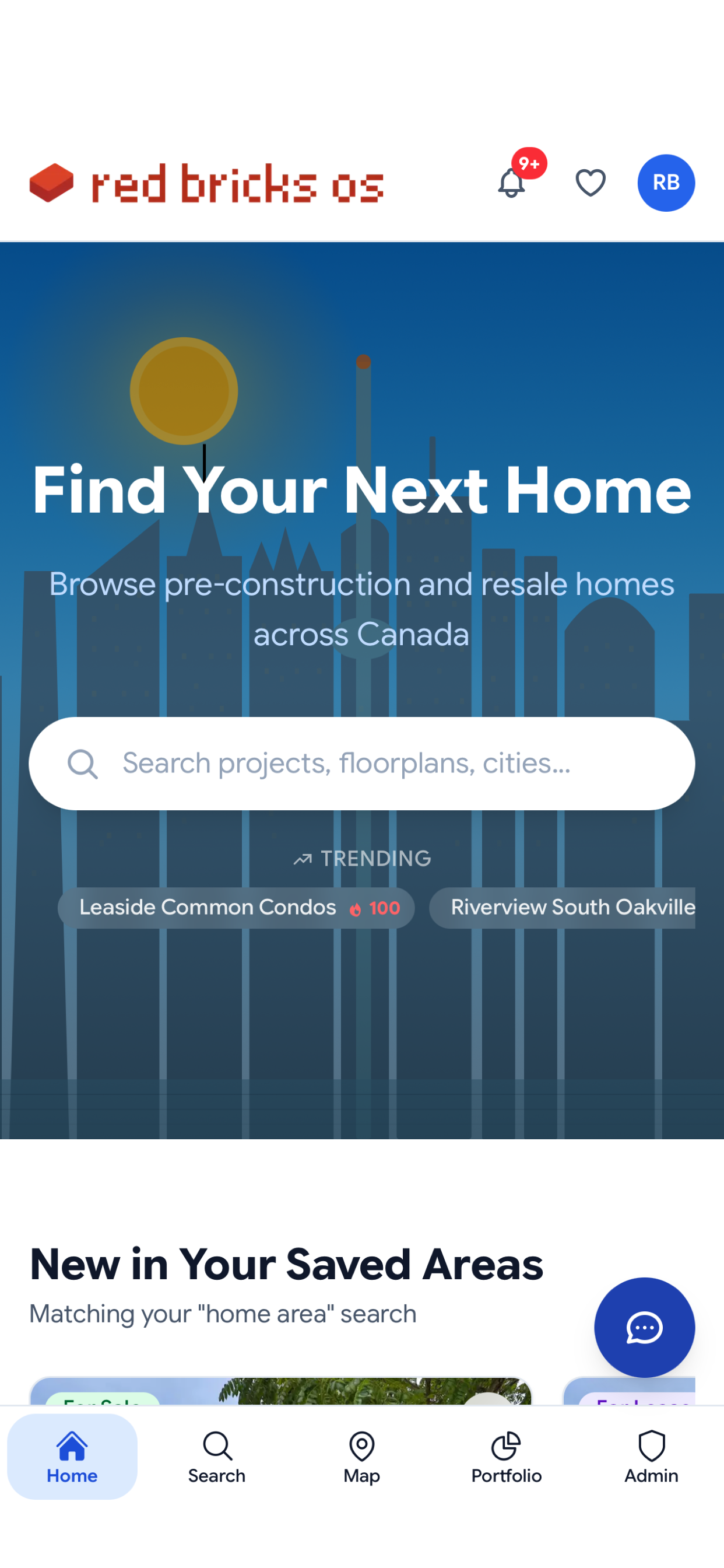 Red Bricks OS native mobile app — branded home screen with trending projects and saved areas