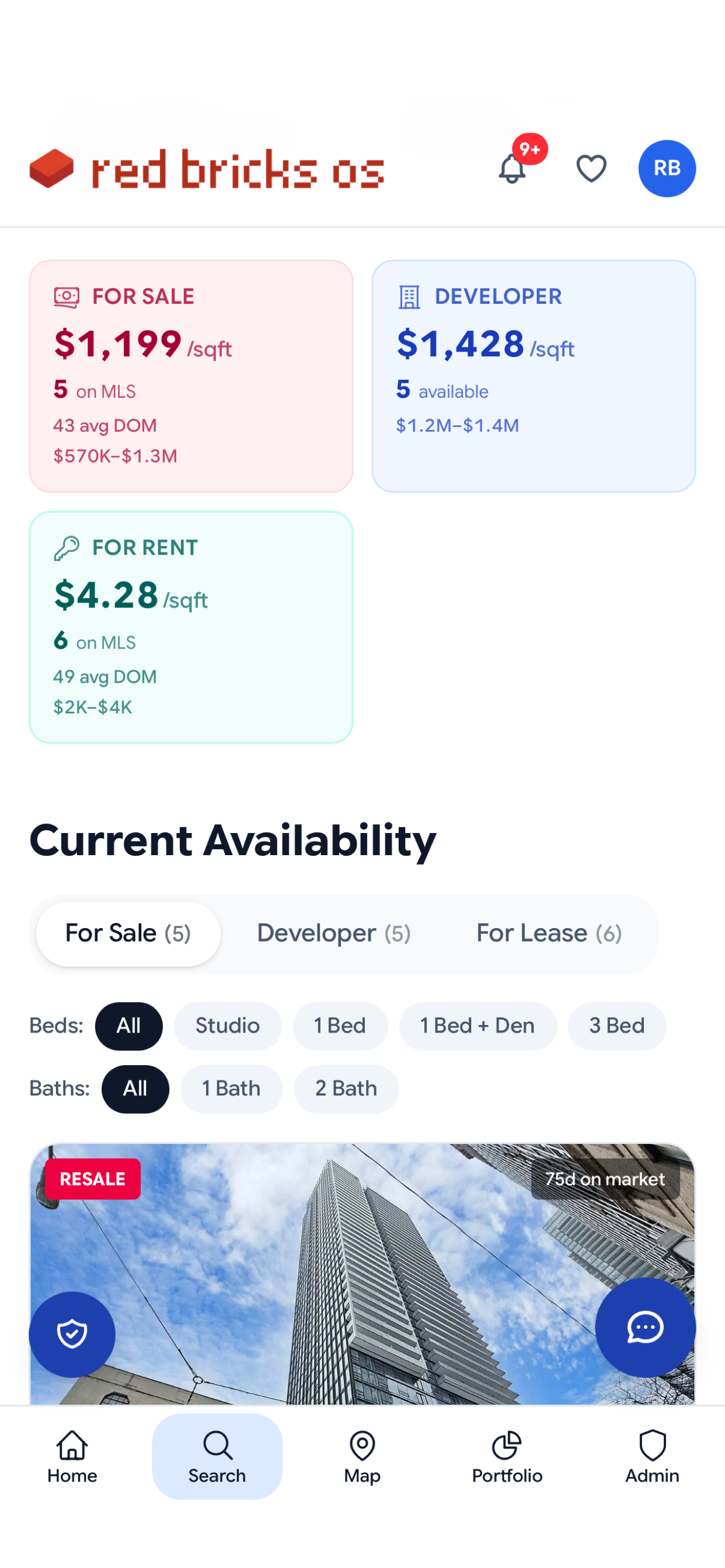 rbOS building profile for The Saint Condos — For Sale $1,199/sqft, Developer $1,428/sqft, For Rent $4.28/sqft, unified in one place